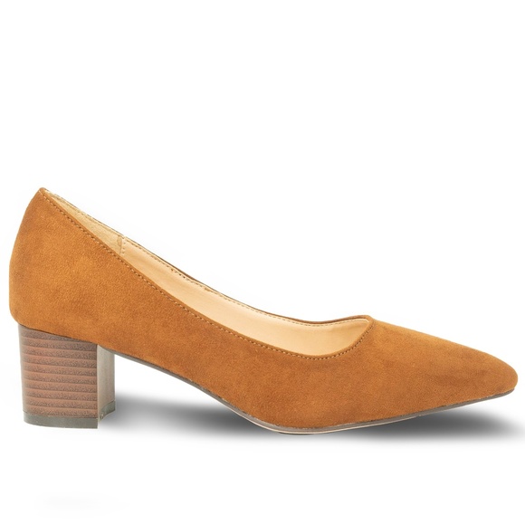 Women's Pointed Toe Tan Suede Low Heel Pump - Picture 1 of 4
